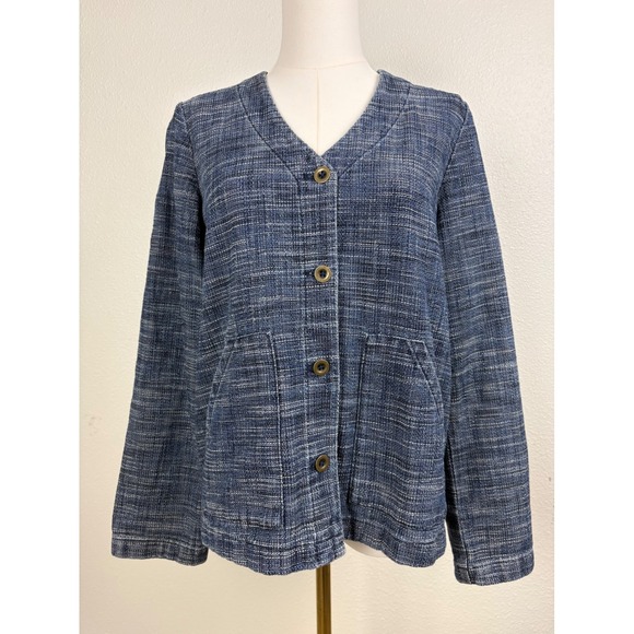 Pure Jill Jackets & Blazers - Pure Jill Indigo Blue Textured Button Front Jacket Womens XS Cotton Blend V-Neck